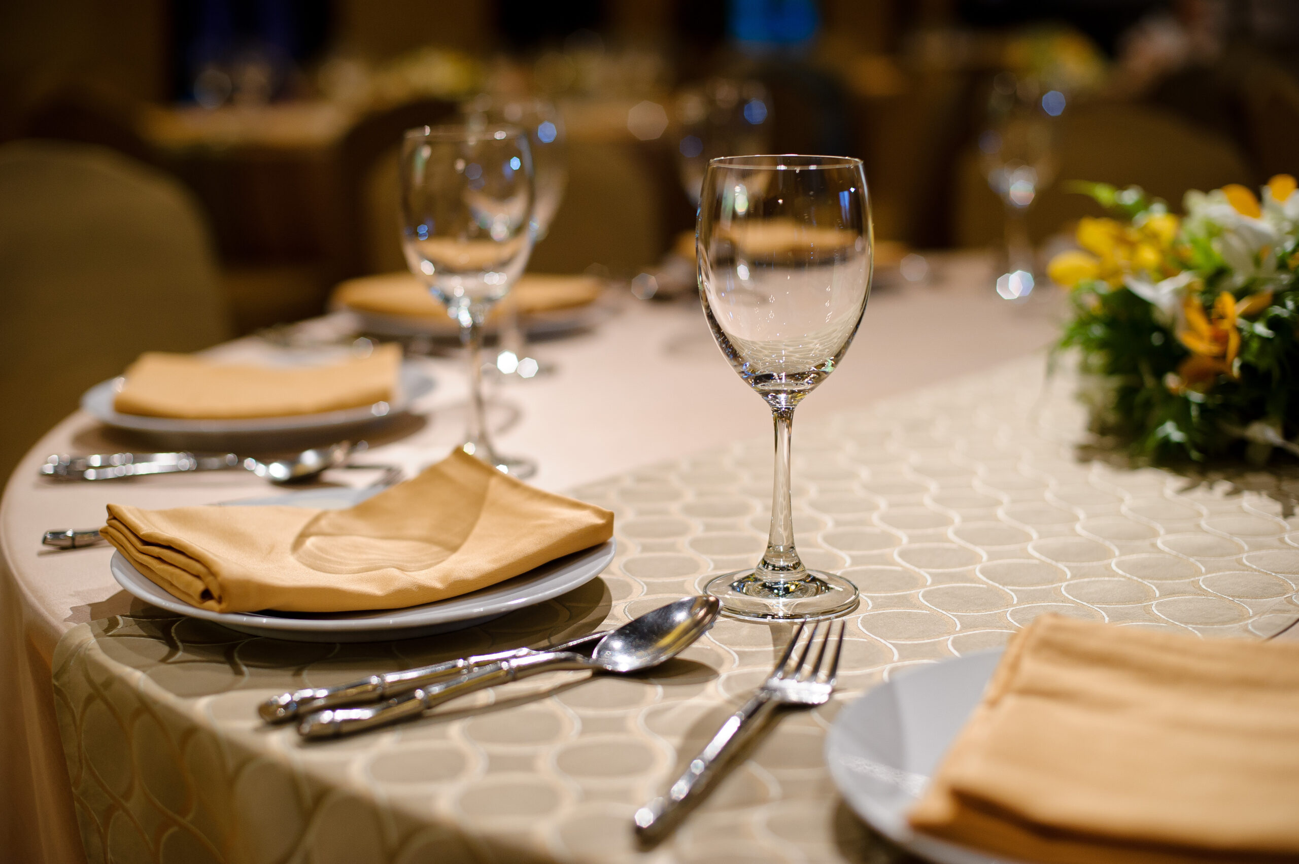 glass wine on table.restaurant glass of water on table / dish and spoon sedona arizona
